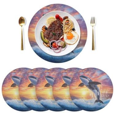 Imagem de Conjunto de 6 tapetes de mesa de jantar de PVC duráveis com pôr-do-sol, oceano, baleia, 38 cm, tapetes de mesa laváveis para mesa de jantar