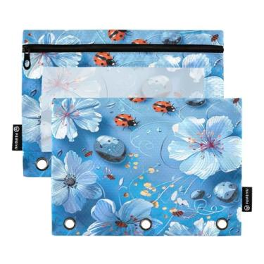 Imagem de Wassud Bolsa de lápis para fichário de 3 anéis, bolsa transparente com zíper suave, pasta de flores azul-celeste para fichário, pacote com 2