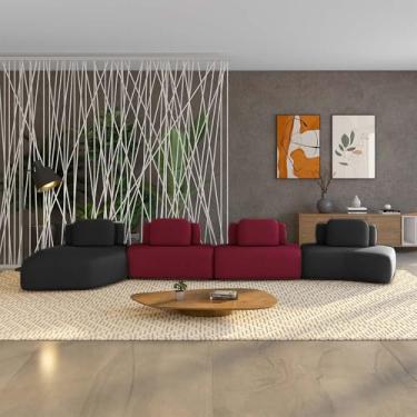 Imagem de Sofá Ilha Sala de Estar Dakota 4 Módulos 626cm Encostos Almofadas Soltas Veludo Preto/Bordô G33 - Gran Belo