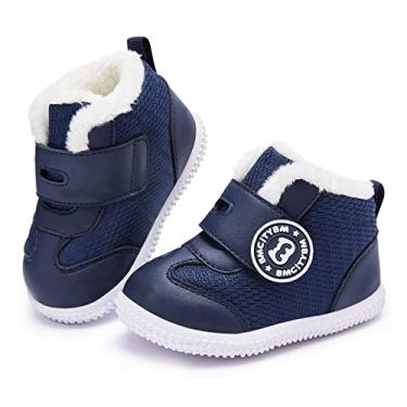 Imagem de BMCiTYBM Botas para bebês meninos e meninas, sapatos quentes de inverno, tênis leve para caminhada, primeiro andador 6 9 12 18 24 meses, B - azul-marinho, 12-18 Months Infant