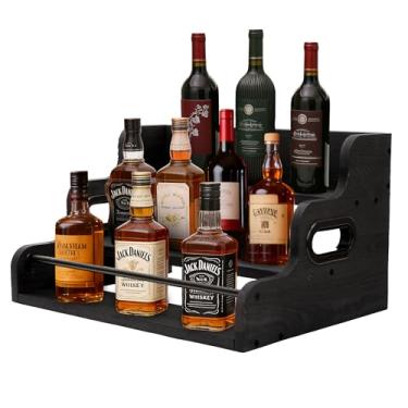 Imagem de Fengligoo Prateleira de exibição de garrafa de madeira de 3 camadas, organizador moderno de rack de garrafa de licor, prateleira de vinho de bancada de madeira, prateleiras, suporte essencial para
