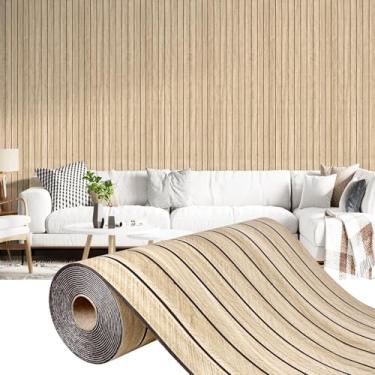 Imagem de HorryHaus Painel de parede de ripas de madeira descasque e cole espinha de peixe PVC 3D adesivo de parede autoadesivo painéis de espuma à prova de som para paredes interiores sala de estar quarto bege