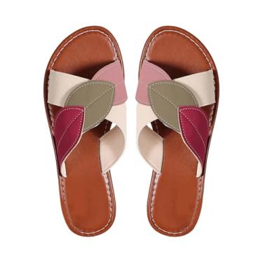 Imagem de GORGLITTER Sandálias femininas mexicanas de bico aberto com folhas, cruzadas, boho, sandálias rasteiras para férias, Multicor, 37