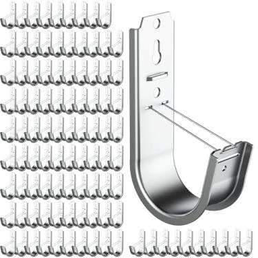 Imagem de ForoGore Gancho J de 5 cm para montagem na parede com clipe de retentor, borda redonda lisa de aço galvanizado para pendurar solução de gerenciamento e organização de cabos de fio (pacote com 100)
