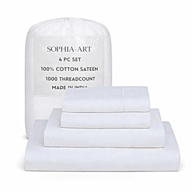 Imagem de Sophia-Art Lençóis de cama e fronhas 100% algodão acetinado – Premium 1000 TC, conjunto luxuoso de hotel ultramacio com 4 peças – respirável, durável e confortável (branco/Cal. King)