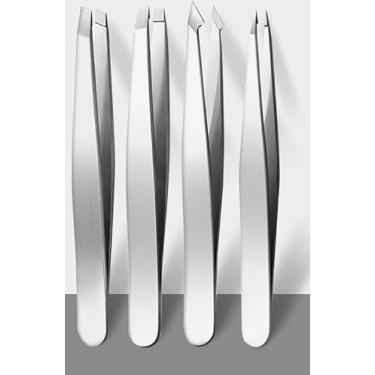 Imagem de Conjunto de 4 pinças para sobrancelhas e sobrancelhas pontiagudas para sobrancelhas, pelos faciais, cabelos encravados, lascas, removedor de cravos e carrapatos, prata