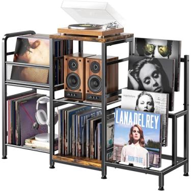 Imagem de POKIPO Suporte para toca-discos com armazenamento de vinil, suporte para toca-discos comporta até mais de 300 álbuns, mesa de toca-discos de 3 níveis com suporte de exibição de 4 níveis, moldura de