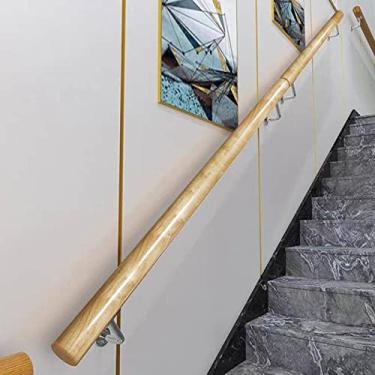 Imagem de DKXCOSQ Corrimão de madeira para escadas, corrimão de segurança antiderrapante, kit completo com suportes de parede prateados, ambientes internos e externos, crianças idosas, 280 cm