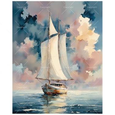 Imagem de Kit de pintura de cena náutica por números para adultos - Navio à vela DIY em pintura de oceano calmo em tela, conjunto de tinta acrílica, adequado para iniciantes, arte costeira para decoração de