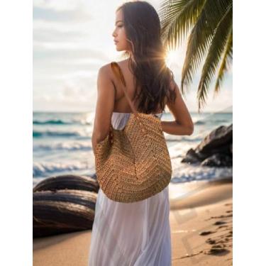 Imagem de Bohemia Bolsa feminina de palha para praia, bolsa de ombro de grande capacidade, casual, de crochê, para férias de verão