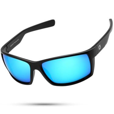 Imagem de SUNGAIT Óculos de sol esportivos retangulares de uma peça para homens, estilo envolvente, leve para pesca, corrida, condução, Armação preta fosca/lente azul, 0