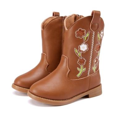 Imagem de BMCiTYBM Botas de cowgirl para meninas pequenas, botas ocidentais de cano médio, botas de caubói, bico fino, sapatos de equitação, 1 marrom, 13 Little Kid