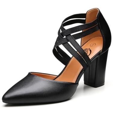 Imagem de Trary Sapato feminino de salto baixo grosso fechado bico fino salto bloco para mulheres sapatos sociais elásticos cruzados tiras 3,5 polegadas confortável para casamento noiva, Poliuretano preto, 41