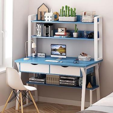 Imagem de Mesa de computador moderna com estante, estação de trabalho de escritório doméstico com prateleiras superiores de armazenamento, mesa de estudo e escrita 119 x 61 x 73 cm, acabamento nogueira