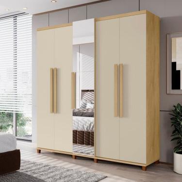 Imagem de Guarda-roupa Casal 5 Portas com Espelho Sapateira e 3 Gavetas Interna Munique Cinamomo /Off White