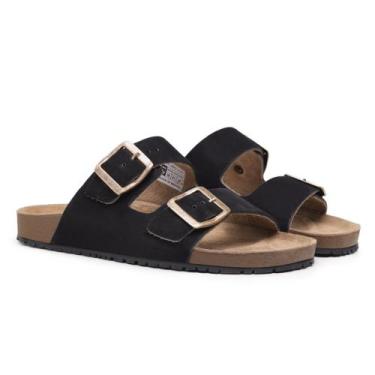 Imagem de Sandália Papete Feminino Masculino Couro Rasteira Sola Macia Fivela Mo