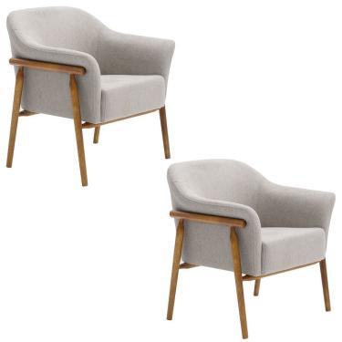 Imagem de Kit 02 Poltronas Luna Base Madeira Suede Tramado Cinza Claro - Nexta Casa