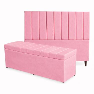 Imagem de Kit De Quarto Roma Cabeceira De Cama Box E Calçadeira Baú Casal 140 Cm Suede Rosa Eli Móveis E Decoração