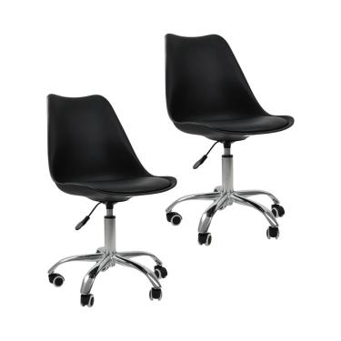 Imagem de Kit 2 Cadeiras Office Base Cromada Com Rodízio Giratória Saarinen Preto