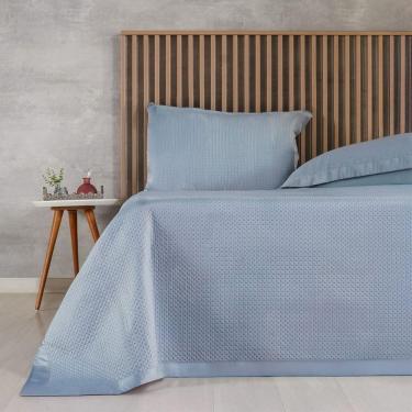 Imagem de Kit Colcha King Satinatta Cetim 100% Poliéster 260x280cm Bruma Azul