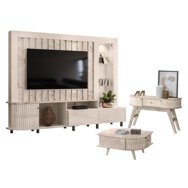 Imagem de Estante Home Theater Le Mans com Aparador Estoril e Mesa de Centro Indianápolis Calacata Off White – Madetec