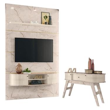 Imagem de Estante Home Theater com Bancada Suspensa Monte Carlo com Aparador Estoril Calacata Off White – Madetec