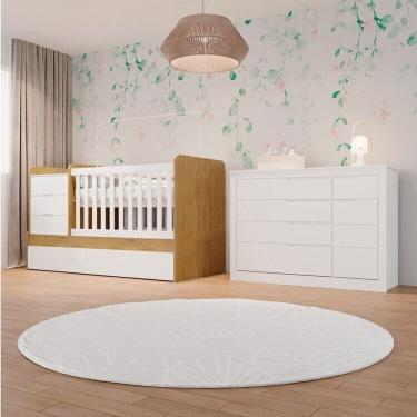 Imagem de Conjunto Quarto Infantil 1 Cômoda Fraldário 5 Gavetas 1 Berço Multifuncional Cléo Branc...