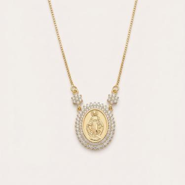 Imagem de Colar Feminino Milliá Nossa Senhora com Pingente Oval Zircônias Cristalinas Metal com B...