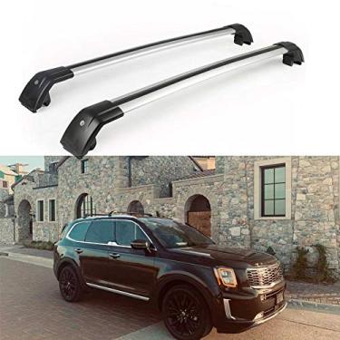 Imagem de 2 peças serve para KIA Telluride 2020 2021 2022 barra transversal ajustável trilho de telhado suporte de bagagem, barra de rack de teto com trava prata