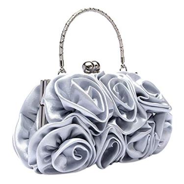 Imagem de Grey990 Bolsa de mão feminina fashion com estampa de flores rosas e bolsa de mão para festa noturna, Prata, One Size