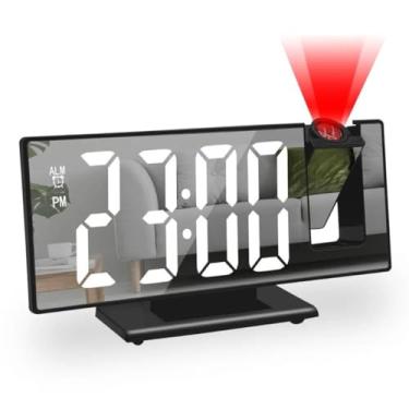 Imagem de Despertador Digital com Projeção LED Giratório 180 ° De Hora Na Teto parede Quarto Relógio Espelhado USB Bateria Temperatura Tempo Horário 12/24 Alarme Luz Colorido (Branco)
