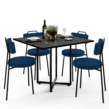 Imagem de Mesa de Jantar Rivera Preto  90cm com 04 Cadeiras Industrial Barcelona F01 Suede Azul Marinho- Lyam