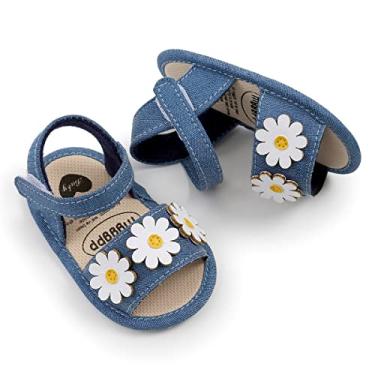 Imagem de GDSDYM Sandálias de verão para bebês meninas com laço de flor, sola macia, sapatos rasteirinhos, para recém-nascidos, primeiros andadores, berço, A04 Azul, 6-12 meses