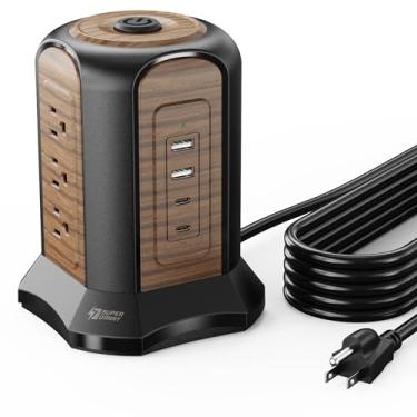 Imagem de SUPERDANNY Protetor contra surtos de torre de régua elétrica, cabo de extensão de 3 m com várias tomadas, 9 tomadas, 4 portas USB (2 USB C), 1080 joules, 3 pinos, aterrado, estação de carregamento