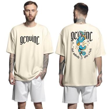 Imagem de Camisa Camiseta Oversized Streetwear Genuine Grit Masculina Larga 100% Algodão 30.1 Nobody Give a F*ck - Bege - G