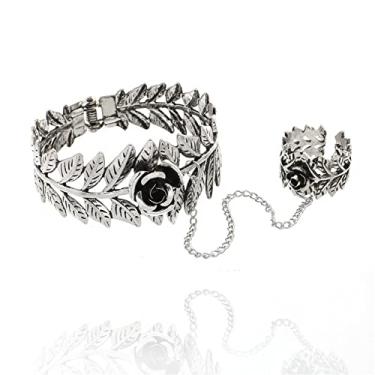 Imagem de Asphire Pulseira de videira de folha gótica com anel de dedo retrô prata rosa pulseira escrava punk hip hop mão dedo corrente arnês joias para mulheres e meninas