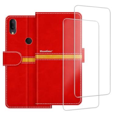 Imagem de ESACMOT Capa de celular compatível com Alcatel 3V 2019 + [pacote com 2] película protetora de tela, capa protetora magnética de couro premium para Alcatel 3V 2019 (6,7 polegadas) vermelha