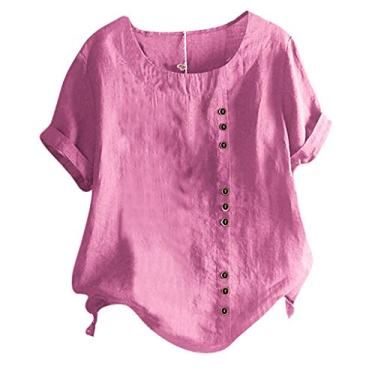 Imagem de Camisetas femininas de verão de linho de algodão casual boho manga curta gola redonda camisetas grandes sólidas, Rosa choque, XXG