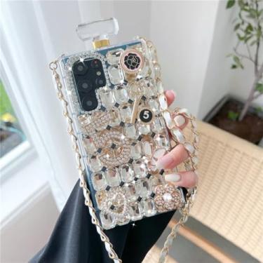 Imagem de Strass garrafa forma caso de telefone flores de cristal capa crossbody apto para iphone 15 14 13 12 11 pro max xr, bege, para iphone 14