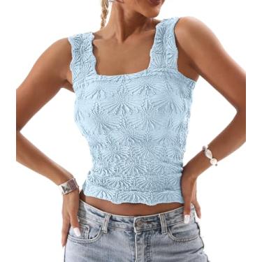 Imagem de DouBCQ Camiseta regata feminina com gola quadrada, alças largas, caimento justo, acabamento floral de alface, Azul, P