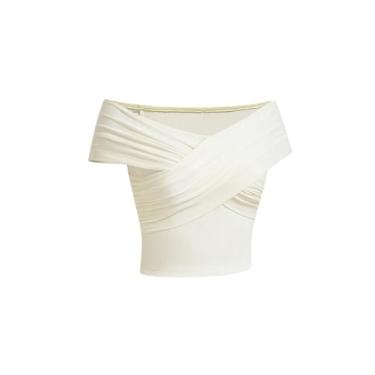 Imagem de SHENHE Camiseta feminina com ombros de fora, cruzada, franzida, manga curta, cropped, Branco, M
