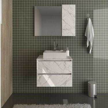 Imagem de Conjunto de Banheiro com Gabinete Suspenso 2 Gavetas 60cm e Espelheira 80cm Mármore Branco