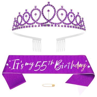 Imagem de Faixa de tiara feminina de aniversário de 55 anos, coroa de princesa, de cristal, rainha, tiara de aniversário, decorações de feliz aniversário, kit de faixa e tiara, acessórios de roupas de