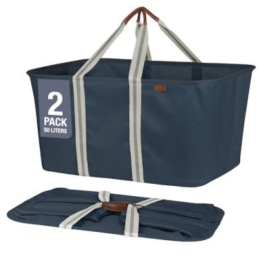 Imagem de CleverMade Bolsa de lavanderia dobrável LUXE, azul-marinho Noir/Creme, pacote com 2-50 L, cestas de lavanderia dobráveis com moldura de arame dobrável resistente e alças de transporte longas - Cesto