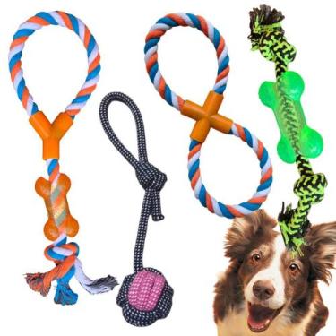 Imagem de Kit 4 brinquedos para cachorro Mordedor puxador Bola Corda - Lojas Edr