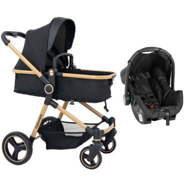 Imagem de Carrinho de Bebê Galzerano Ivy DUO Berço Passeio Moisés com Bebê Conforto Travel System Reclinável Viagem 15 Kg Preto Dourado Gold Fecha com Uma Mão