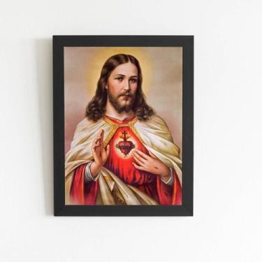 Imagem de Quadro Jesus Cristo Sagrado Coração Moldura Preta 60x40cm - PlimShop
