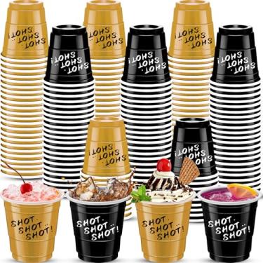 Imagem de cssopenss 120 peças de copos de shot preto e dourado de 60 ml, copos de plástico de ouro preto, copos coloridos de plástico para beber, degustações servidas, lanches, degustações e amostras (preto,