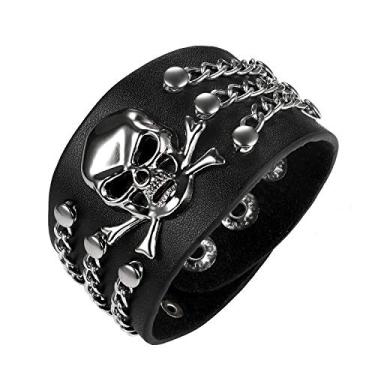 Imagem de Rofusn Pulseira de caveira punk gótica para homens e mulheres, pulseira de couro preto cravejado de pedaleiro rock punk motociclista alça larga ajustável para festa à fantasia de Halloween, 7 87 inch,