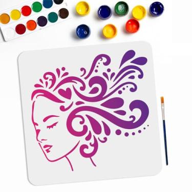 Imagem de MAYJOYDIY Estêncil feminino encaracolado com tema feminino 11,8 × 11,20 cm linha feminina arte rosto reutilizável mulher rosto estêncil com pincel de pintura para pintura em tela de madeira, tecido,